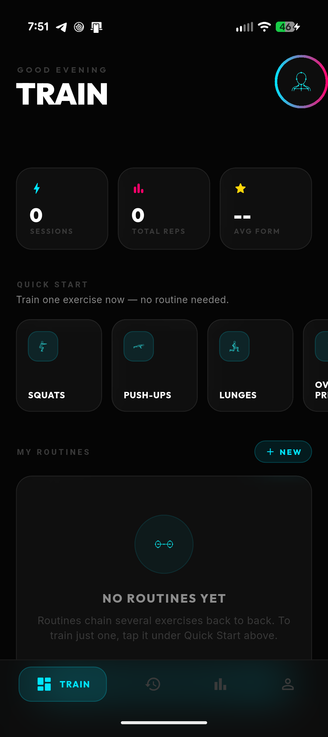 Form Analyzer dashboard screen with quick-start exercise cards for squats, push-ups and lunges